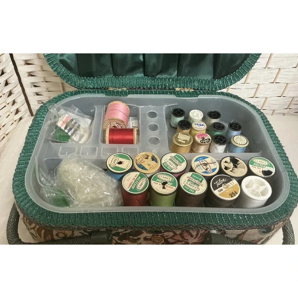 Vintage 1970s AZAR Floral Tapestry Sewing Basket Green Handles Full‎ Threads